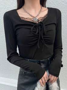 FRIFUL Áo thun nữ buộc dây ren trơn màu thanh lịch, mùa thu - màu đen - Xem 3