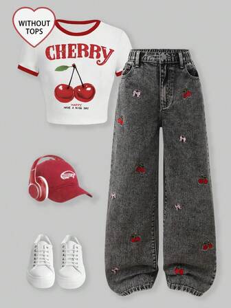 Pantalones vaqueros casuales para niñas con diseño bordado lindo, cierre con cremallera y cintura elástica, estilo preparatorio y al aire libre