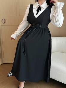 Vibekara Plus Size Women's Collared Half-Placket Shirt Collar 2 In 1 Contrast Color Button Bow Elegant Retro Collegiate Outdoor Casual Mid-Length A-Line Dress, Spring/Summer - Black - View 6