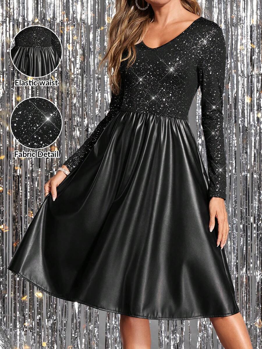SHEIN Clasi Đầm dài tay cổ chữ V thêu sequin thời trang dành cho nữ - màu đen - Xem 1