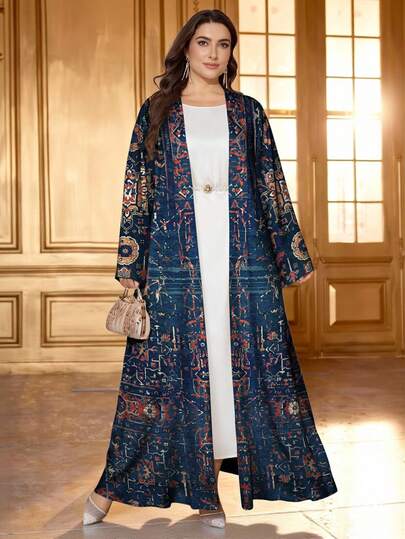 SHEIN Najma Plus Size Women's Vintage Floral Retro Print Long Sleeve Casual Arabic Abaya, Spring/Autumn, Pakistani Dress For Women, Turkish Dress