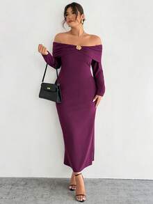 Firerie Abito aderente da donna con spalle scoperte, decorazione e maniche a campana, elegante e sofisticato, in stile romantico, taglie comode - Bordò - Visualizzare 3