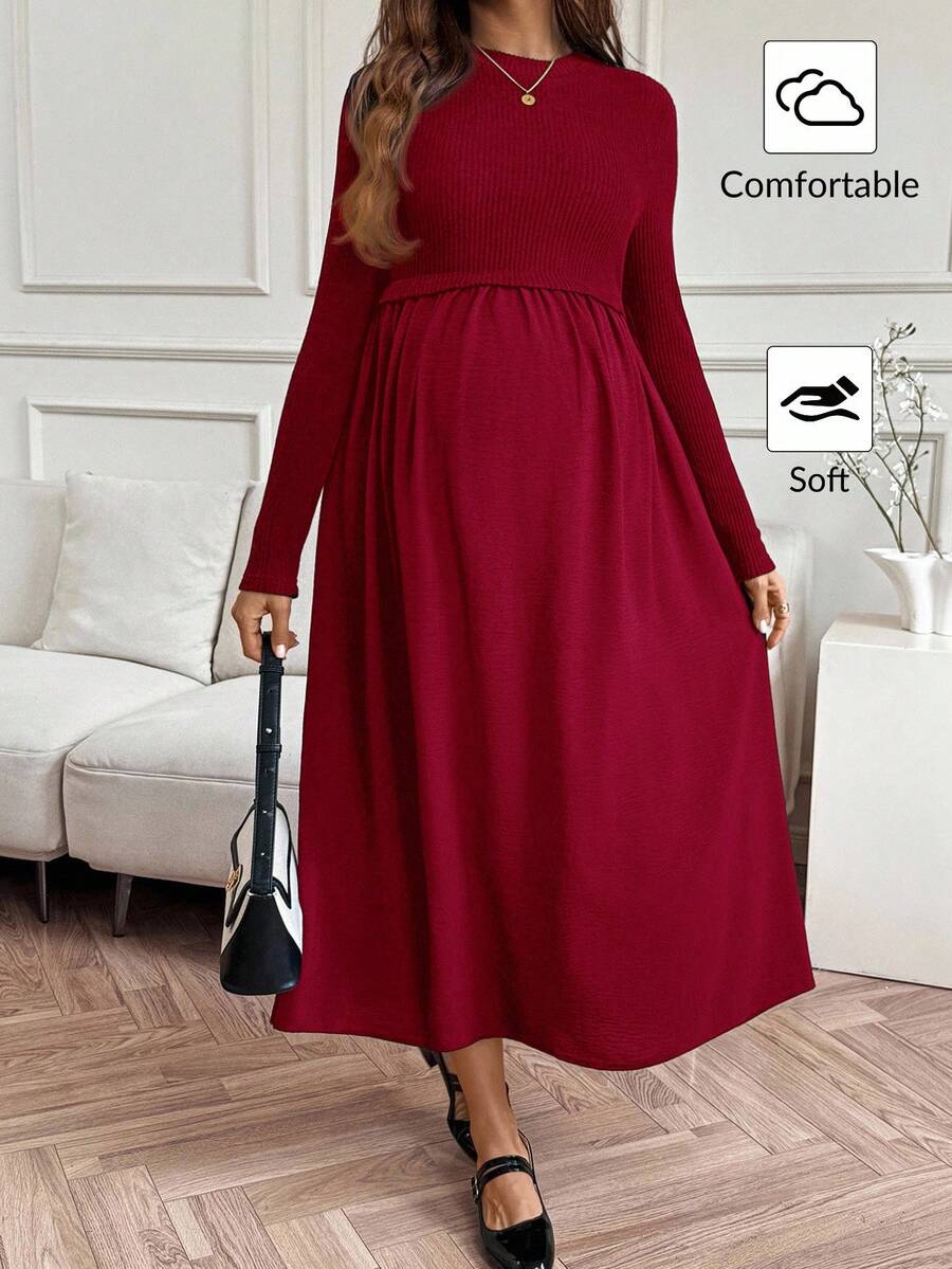 SHEIN 孕妇纯色圆领长袖褶皱休闲连衣裙 - 紅色 - 查看 1