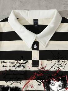 ROMWE MEN Street Life 男士条纹字母印花长袖休闲宽松 Polo 衫 - 彩色 - 查看 3