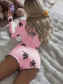 CottageSlumber 女士印花V领荷叶边蝴蝶结装饰长袖连体裤 - 粉色 - 查看 2