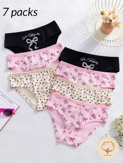 SHEIN Letter Series Soft & Comfortable Cotton Panty Set Cotton Underwear Panties. Teen Girls Youth Bow Underwear Set - Pink Black Beige Youth Bow Underwear 7-Piece Combo Youth Bow Design Pink Black Beige Fashion Color Mid-Rise Youth Bow Underwear Panties Set 7-Piece Combo Social Media Style Youth Bow 2026 New Year Holiday Essential Spring Summer Autumn Winter Teen Girls Youth Bow Underwear Set