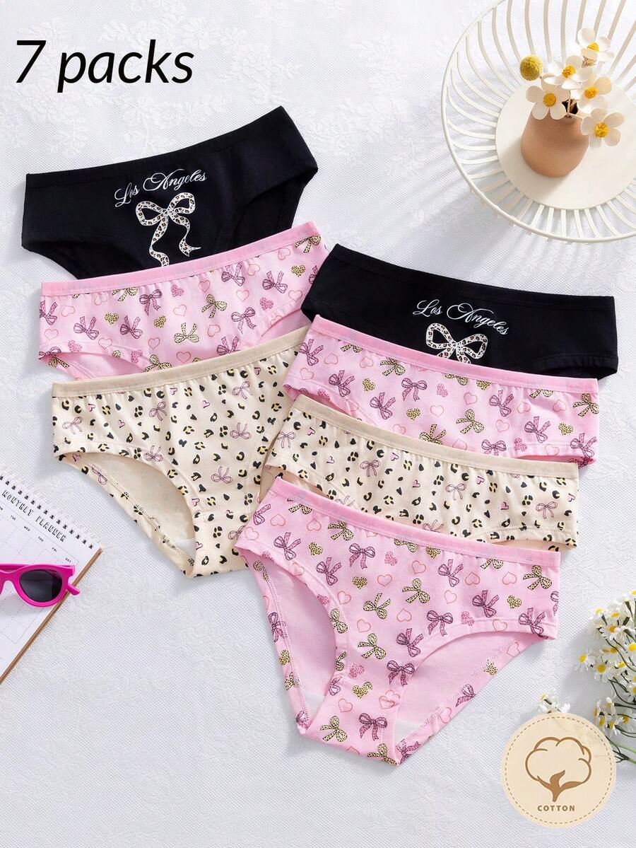 SHEIN Letter Series Soft & Comfortable Cotton Panty Set Cotton Underwear Panties. Teen Girls Youth Bow Underwear Set - Pink Black Beige Youth Bow Underwear 7-Piece Combo Youth Bow Design Pink Black Beige Fashion Color Mid-Rise Youth Bow Underwear Panties Set 7-Piece Combo Social Media Style Youth Bow 2026 New Year Holiday Essential Spring Summer Autumn Winter Teen Girls Youth Bow Underwear Set - Multicolor - View 1