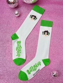 THE POWERPUFF GIRLS X SHEIN 1 par de calcetines azules para mujer con gráficos de dibujos animados y letras - Multicolor - Ver 2