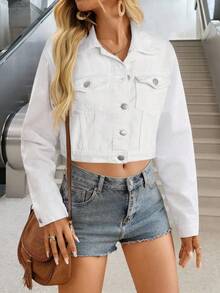 SHEIN Teen GirlWhite Denim Lapel Long Sleeve Cropped Jacket
