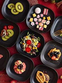 1/5/10/20 piezas Platos de cena de plástico, platos de vajilla de plástico cuadrados reutilizables negros, para el hogar, la cocina, el restaurante, el dormitorio, el camping y el picnic, platos cuadrados profundos y ligeros, platos de cena irrompibles, platos para ensaladas, cuencos para aperitivos, para servir platos, postres, aperitivos y huesos de pollo, cocina - Multicolor - Ver 6