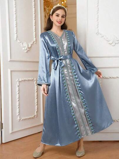 2pcs/Set Elegant Embroidered Floral Trim Jacket & Satin Slip Dress Outfit For Teenage Girls, Suitable For Spring, Summer, Autumn Occasions And Daily Wear Abaya Sets Nightgown Teen Abaya Abaya Dress Women Teen Dress
