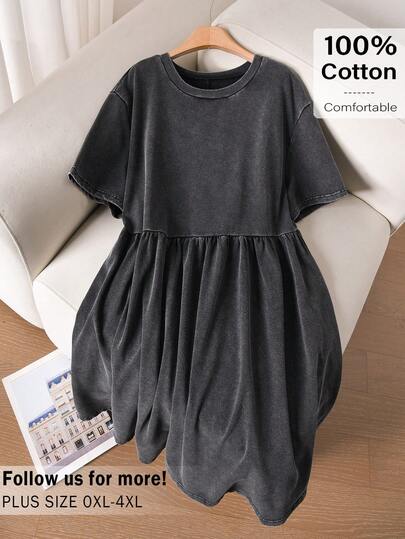 CosyJoli 大码女式雪花印花休闲T恤裙，可爱娃娃裙，舒适休闲连衣裙