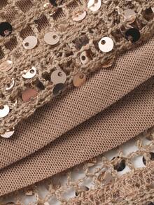 DAZY Women's Fashionable Commuter Sequin Round Neck Long Sleeve T-Shirt New Years Women Outfit Glitter Top Carnival - Khaki - View 8