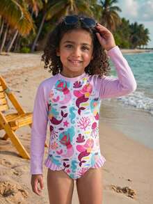 Young Girls Cute Shell & Mermaid Print Beach Swimwear, Casual & Versatile For Daily Wear
