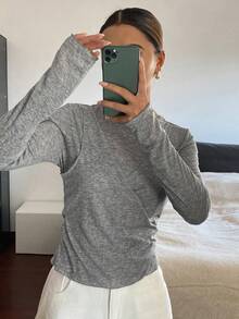 Livesso 女士休闲系带收腰二合一T恤 - 灰色 - 查看 4