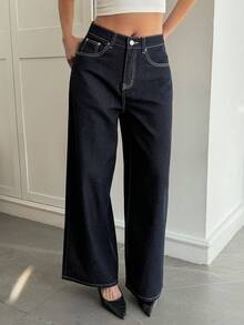 Livesso Quần jean denim dáng rộng thoải mái dành cho nữ, thích hợp cho mùa đông. - Rửa tối - Xem 1