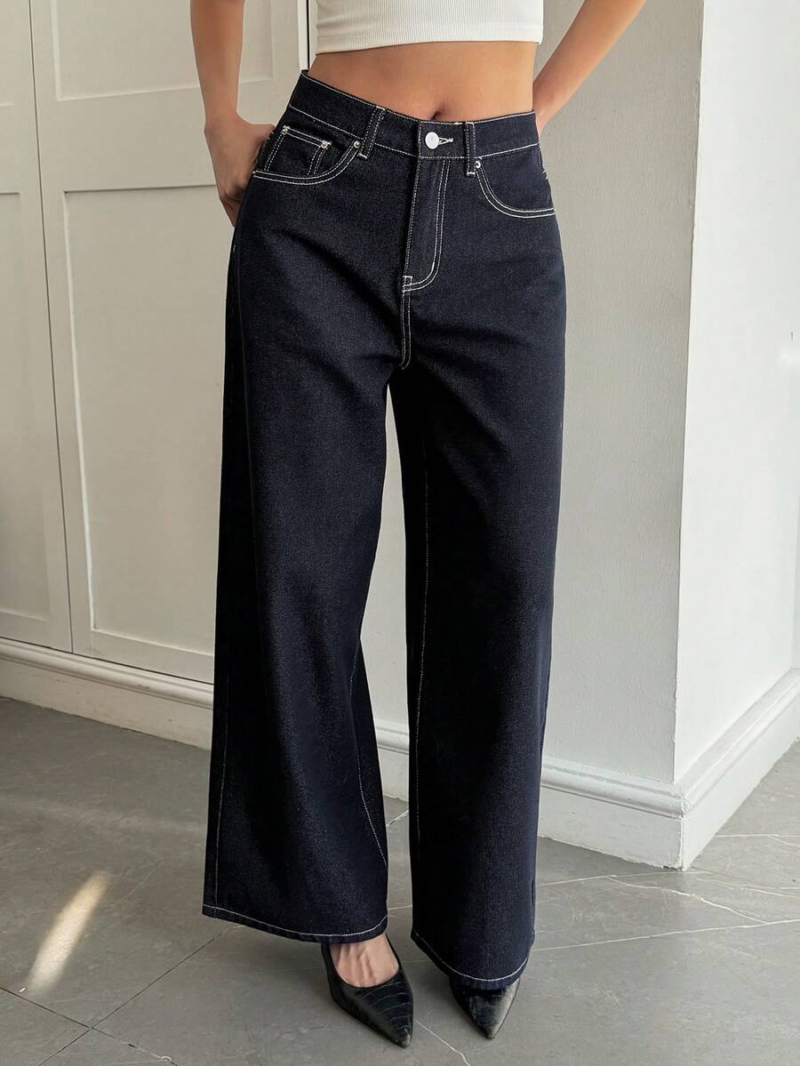 Livesso Quần jean denim dáng rộng thoải mái dành cho nữ, thích hợp cho mùa đông. - Rửa tối - Xem 1