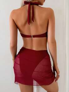 Swim Chiccia Bộ đồ đi biển 3 món gợi cảm, thanh lịch, lãng mạn dành cho nữ - Bikini, áo tắm và váy. - Đỏ - Xem 2