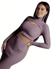 MODADIVA Trajes de mujer Falda Con Top De Cuello Alto Con Abertura Delantera - Morado - Ver 5