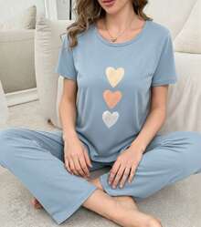 Conjunto de 2 piezas de pantalón y blusa de manga Corta de cuello redondo de unicolor, de punto jacquard, holgado y casual para mujer, ropa de otoño e invierno - Neblina azul - Ver 2