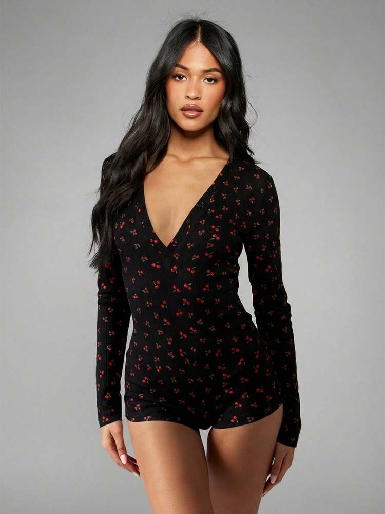 MISSGUIDED Mono de manga larga con estampado de cerezas, cuello en V profundo, pijama, ropa de estar por casa cómoda - Negro - Ver 4