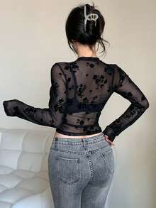DAZY Áo nữ dáng ôm màu đen xuyên thấu chất liệu lưới họa tiết hoa nhí, tay dài, thích hợp cho mùa hè và mùa xuân, phong cách Y2K. - màu đen - Xem 5