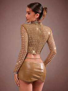 Hauture Going Out Rhinestone Embellished Long Sleeve T-Shirts - Camel - View 2