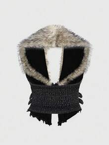 ROMWE Hippie Y2K风格可拆卸人造毛领加大码女式牛仔外套，也可作紧身上衣穿着 - 灰色 - 查看 4