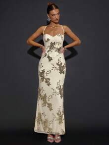 SHEIN BAE 女士优雅超长亮片刺绣吊带鱼尾连衣裙，黑色迷你派对礼服，适合鸡尾酒会、正式活动、晚宴、节日派对、万圣节、圣诞节等场合。 - 杏色 - 查看 4