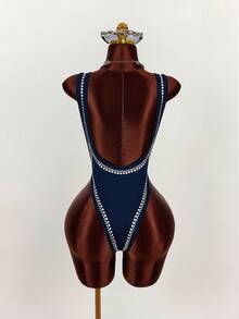 Amplova Sexy Rhinestone Embellished Backless Bodysuit For Women Navy Blue Bodysuit - Navy Blue - View 4