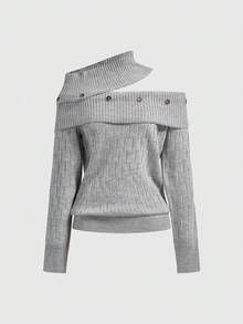 ROMWE Goth Y2K Sexy Ribbed Knit Turtleneck Grey Off-Shoulder Multi-Button Knit Sweater - Grey - View 1