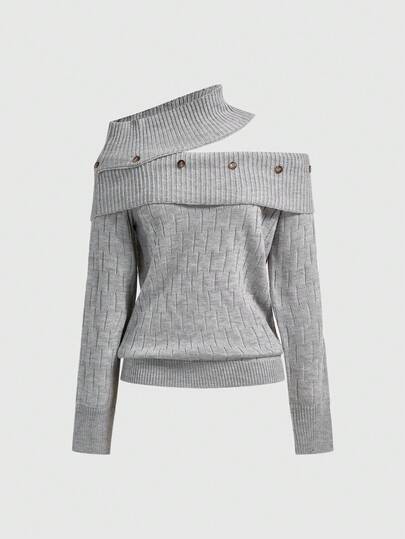 Goth Pull tricoté côtelé gris sexy à col roulé et épaules dénudées avec plusieurs boutons, style Y2K