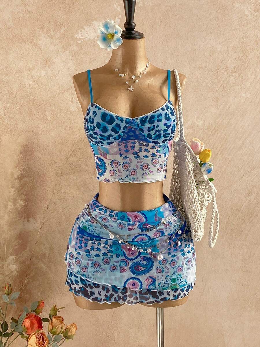 Soleia 2件套女士度假绿色豹纹拼布佩斯利印花半身裙和吊带背心套装 - 彩色 - 查看 1