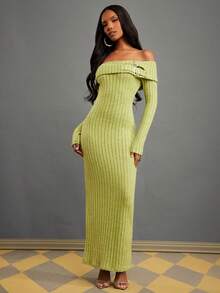 NYA SZN Vestido de hombros descubiertos de manga larga con herrajes, ajustado y entallado de punto acanalado, de punto, verde, para fiestas navideñas, Año Nuevo, eventos y fiestas, de lujo y elegante, de largo maxi para mujeres - Verde - Ver 5