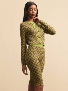 NYA SZN 长袖修身短款上衣，纽扣设计，日常休闲格纹印花图案，适合日常休闲、音乐会、生日约会、商务休闲、办公室、秋冬季通勤穿着，针织弹力面料，女款 - 綠色 - 查看 5