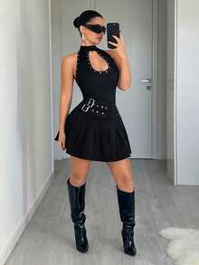 Jeanoix 女士搭扣腰带褶皱时尚百搭度假牛仔迷你裙 - 黑色 - 查看 3