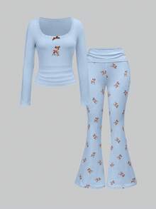 ROMWE J-Fashion Cute Deer Embroidered Lace Blouse Paired With Deer Print Flare Pants, Autumn/Winter - Blue - View 8