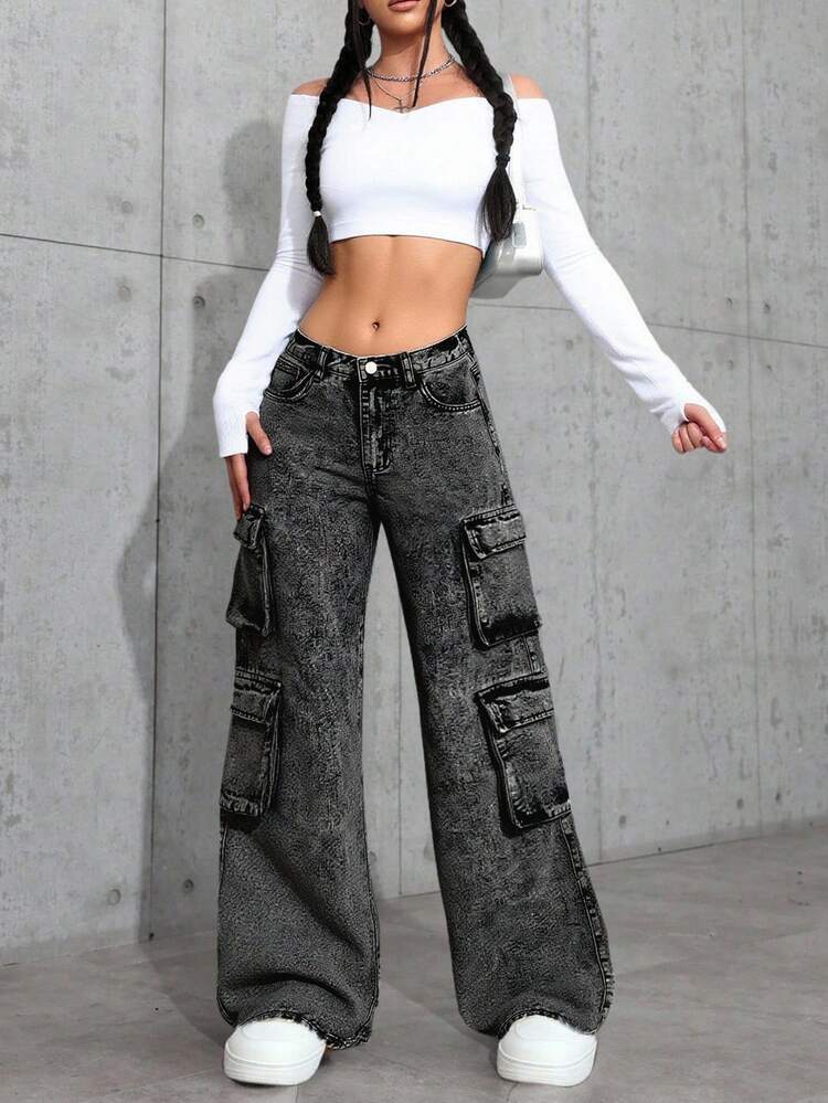 SHEIN Calça Jeans Casual Larga de Cintura Alta com Bolsos Cargo para Adolescentes Meninas - Preto - Visão 3