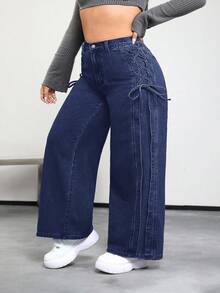 SHEIN PETITE CURVE Quần jeans cạp chéo dáng rộng, chất liệu wash, kiểu dáng thường ngày. - Rửa tối - Xem 5