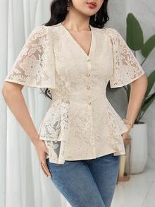 Feyla Áo kiểu nữ cổ chữ V phối ren, cài một hàng khuy, viền bèo nhún, thời trang, đa năng, tay ngắn, thích hợp cho kỳ nghỉ. - Màu be - Xem 3