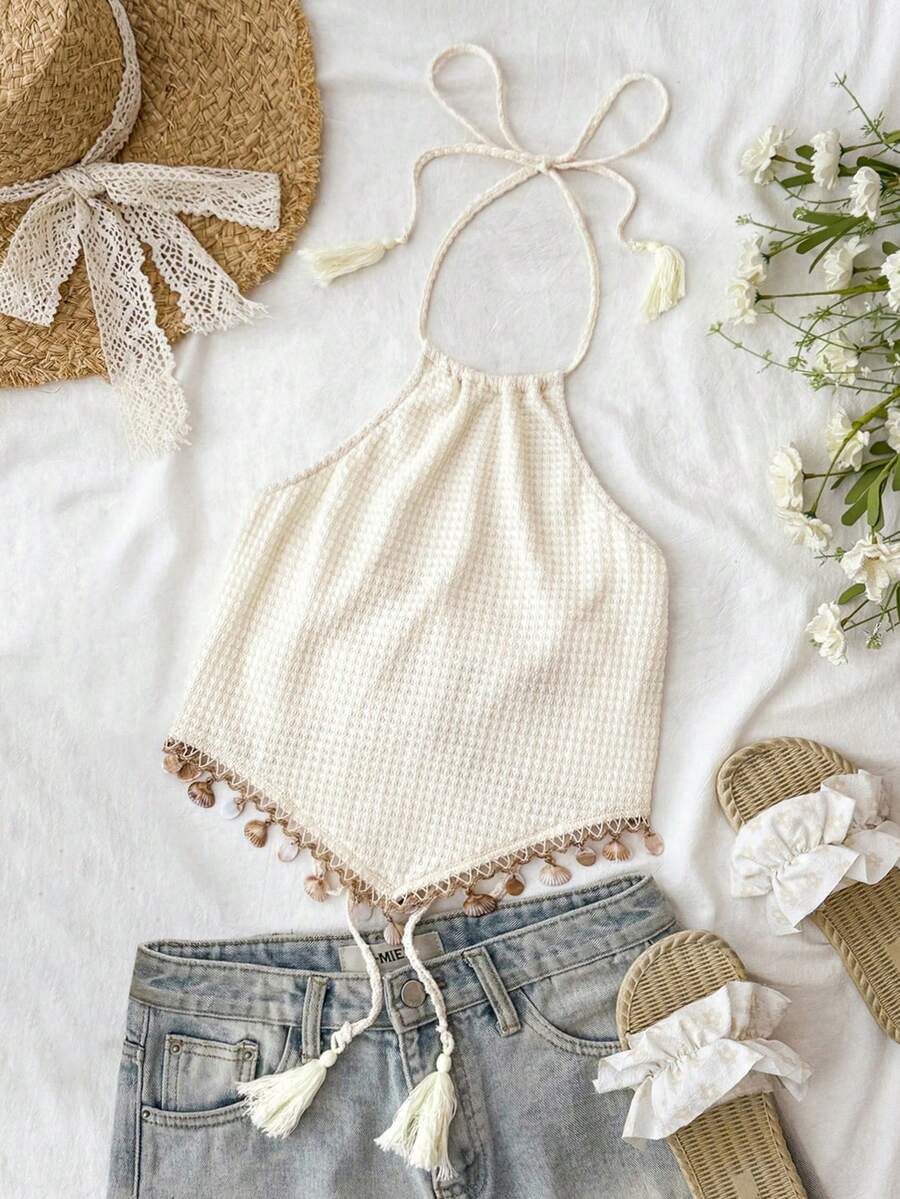 Travachic Women's Vacation Shell Trim Asymmetric Hem Halter Top, Spring Summer Vacation Outfits, Elegant Outfits For Party, Luxury Evening Outfits For Weddings, Graduation Outfits, Ceremony Outfits, Bridesmaid Outfits, Beach Vacation, Boho - White - View 1