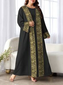 SHEIN Najma Áo khoác cardigan tay dài in họa tiết thư pháp Ả Rập cỡ lớn dành cho nữ, hở phía trước, thích hợp cho mùa xuân và mùa thu - Nhiều màu - Xem 3