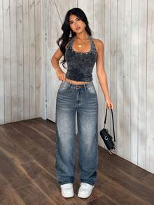 SHEIN PETITE Women's Pocketed Button Casual Versatile Commuting Wide Leg Jeans Jean Outfits Sets For Women Y2k Jeans  Heart Pocket Jeans Valentines Day - Blue - View 4