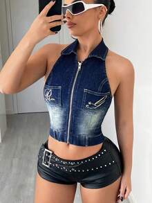 Jeanoix Y2K 时尚拉链刺绣水洗牛仔翻领露背上衣 - 深色水洗藍 - 查看 2