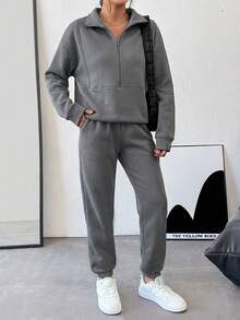Half Zipper Drop Shoulder Sweatshirt Set With Jogger Pants,Winter,Fleeze - Light Grey - View 4