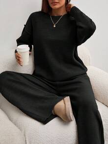 EURMUSE Women Round Neck Rib Knitted Sweater And Sweater Pant 2pcs Sets Co-Ord - Black - View 2