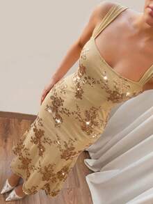 SHEIN Glamour Đầm ôm dáng đuôi cá đính sequin họa tiết hoa dành cho nữ - Rượu sâm banh - Xem 3