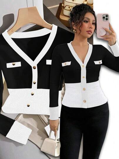 Rafferiza Women's Elegant Commuter Deep V-Neck Contrast Color Button Front T-Shirt Women Work Tops Church Tops For Women Three Piece Sets For Women 2 Piece Sets Woman Casual 2pc Set Women Plus