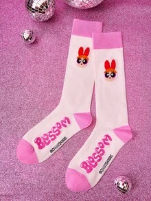 THE POWERPUFF GIRLS X SHEIN 1 Pair Women Cartoon & Letter Graphic Blue Calf Socks - Multicolor - View 4