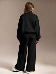 SHEIN 少女四分之一拉链宽松卫衣和宽松运动裤套装，返校季秋冬季舒适圣诞可爱休闲日常胶囊衣橱Y2K街头风，灰色 - 黑色 - 查看 2